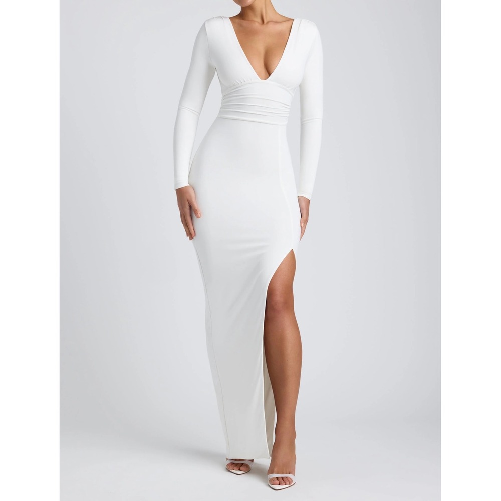 Oh Polly Whiteโ Long Sleeve Ruched Maxi Dress V-Neck Side Slit Size M NWT